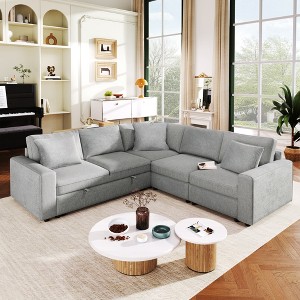 100''W Elegant L-Shaped Upholstered Sectional Sofa, 4-Seat Large Corner Couch with 3 Pillows for Living Room, Apartment and Office 4Q - ModernLuxe - 1 of 4