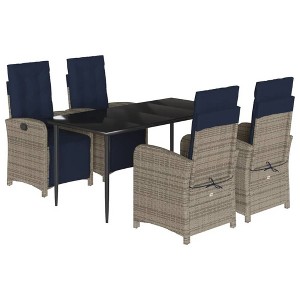 vidaXL 5-Piece Patio Dining Set - Gray Poly Rattan with Navy Cushions, Adjustable Backrest, Tempered Glass Table - 1 of 4