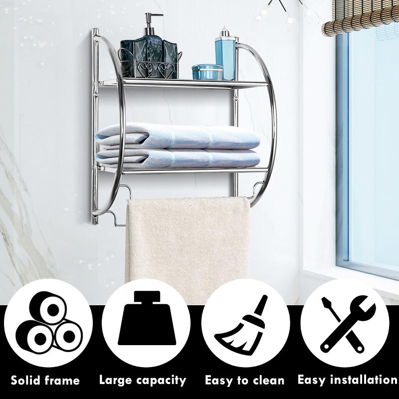 Costway Wall Mounted Bathroom Shelf with 2 Tier Bathroom Towel Rack 2 Towel Bars for Hotel White/Sliver, 5 of 9