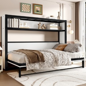 TIRAMISUBEST Twin Size Metal Murphy Bed with 2-Tier Storage Shelves, Folding Wall Bed Frame with Clothes Hanging Rod - 1 of 4