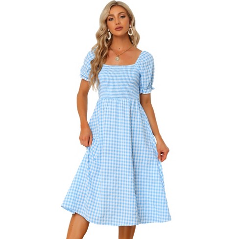 Allegra K Women's Casual Smocked Front Tie Back Checks Gingham Midi Dresses  Light Blue Medium : Target