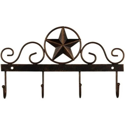 LunaLulinlk Metal Barn Star Key Rack Holder WallMounted Metal Decorative 10" Vintage Key with 4 Hooks Dark Brown Wall Decor