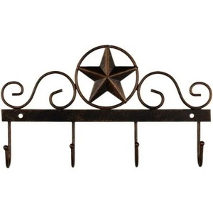 LunaLulinlk Metal Barn Star Key Rack Holder WallMounted Metal Decorative 10" Vintage Key with 4 Hooks Dark Brown Wall Decor - 1 of 4