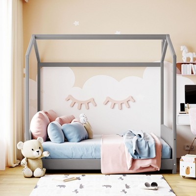 CAVINAS Twin/Full Size Velvet House-Shaped Bed Frame,Platform Floor Bed for Kids Room,Bedroom