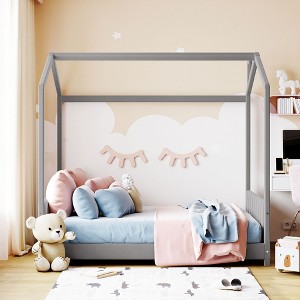 CAVINAS Twin/Full Size Velvet House-Shaped Bed Frame,Platform Floor Bed for Kids Room,Bedroom - 1 of 4