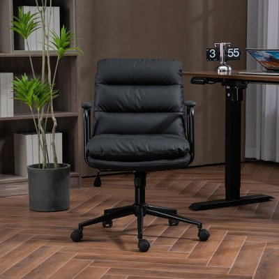 Comfortable Desk Chair Mid Back Home Office Chair With Wheels and Padded Armrest PU Upholstered Rolling Desk Chair Back Recline 40°-The Pop Home