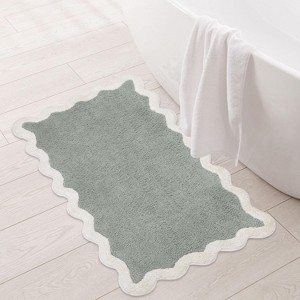 Folkulture Bathroom Rug | (20 X 32) Green Scallop Bath Mats for Bathroom Décor | 100% Cotton Blue Bath Rug | Bathroom Mat for Shower Accessories - 1 of 4