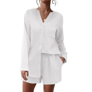 Ekouaer Summer Outfits for Women 2 Piece Sets Lounge Sets V Neck Button Down Shirt and Shorts Loungewear with Pockets - 1 of 4