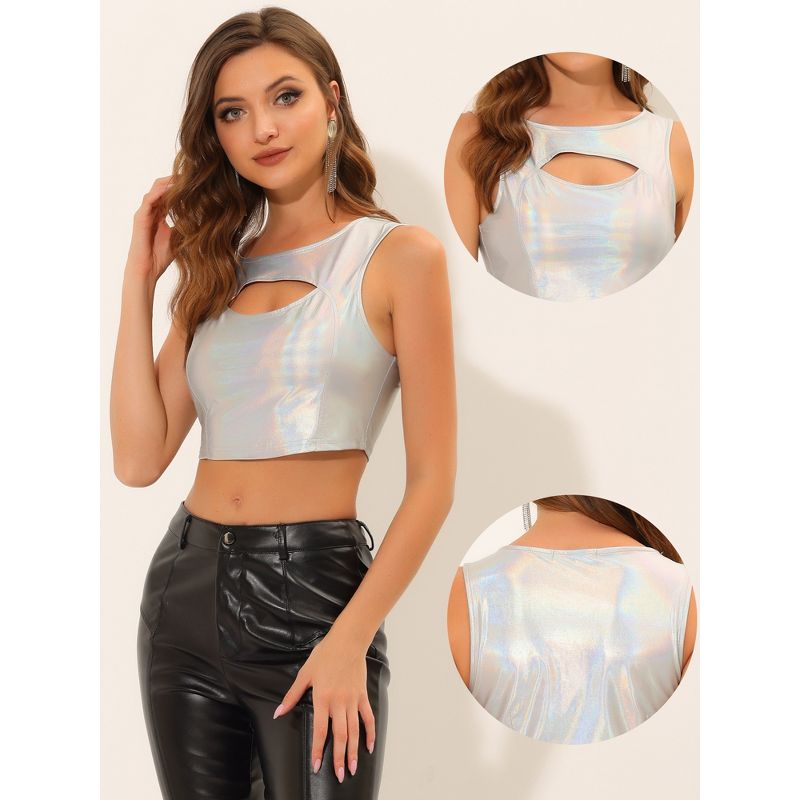 Allegra K Women's Metallic Sleeveless Cut Out Party Holographic Crop Tank Tops, 2 of 7