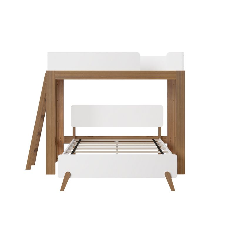 Max & Lily Mid-Century Modern L-Shaped Twin over Full Bunk Bed with Ladder on End, Pecan and White, 3 of 6
