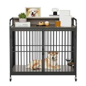 Heavy Duty Dog House with 360° Wheels – Furniture Style Dog Crate for Medium Dogs with Feeder - 1 of 4