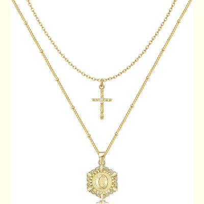 14K Gold Plated Initial Cross Necklace - A-Z Letter Layering Pendant for Women