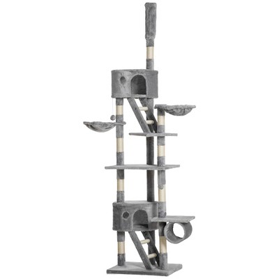 PawHut Floor to Ceiling Cat Tree, 94.5"-102.5" Height Adjustable Cat Climbing Tower with Scratching Posts, Condos, Hammocks, Platforms, Dangling Balls