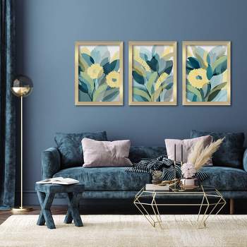 Americanflat Botanical Yellow Teal Floral By Pi Creative Art - 3 Piece Gallery Framed Print Art Set