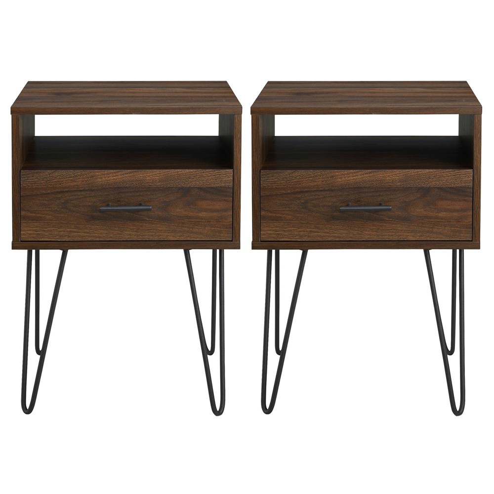 Photos - Storage Сabinet Set of 2 Amal Modern Single Drawer Hairpin Leg Nightstands Dark Walnut - S