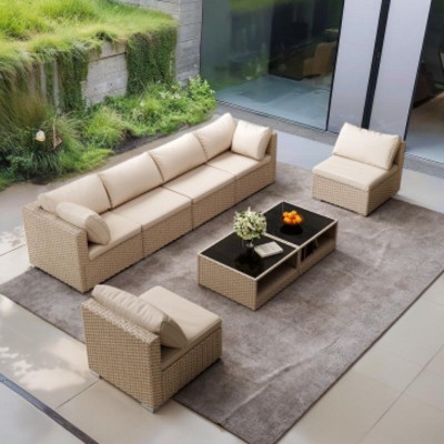 8-Piece Modular Wicker Patio Sofa Set with 2 Coffee Tables and Cushions, Outdoor Conversation Furniture for Backyard or Garden – The Pop Home