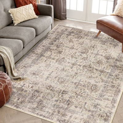 Washable Area Rug for Living Room & Bedroom – Non-Slip Vintage Floral Accent Carpet, Low Pile, Stain Resistant