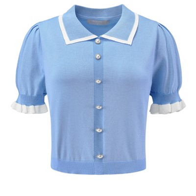 INSPIRE CHIC Women's 2025 Point Collar Button Decor Ribbed Short Sleeve Knit Tops