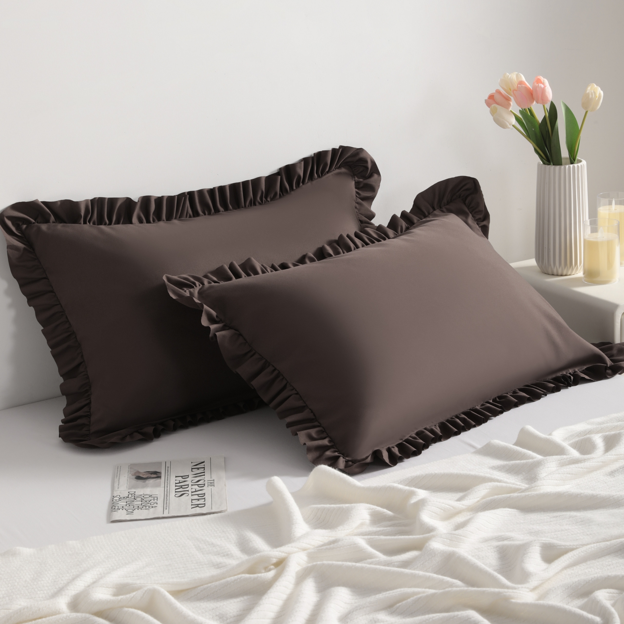 2 Pack Ruffled Pillowcases - Brown