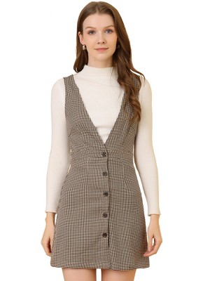Allegra K Women's V Neck Gingham Check Pinafore Overalls Suspenders Plaid Print Dress
