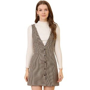 Allegra K Women's V Neck Gingham Check Pinafore Overalls Suspenders Plaid Print Dress - 1 of 4
