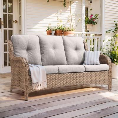 Buenhomino Outdoor Patio Couch Wicker Sofa - 3 Seater Rattan Sofa for Outside Patio Garden with Deep Seating and Olefin Cushions