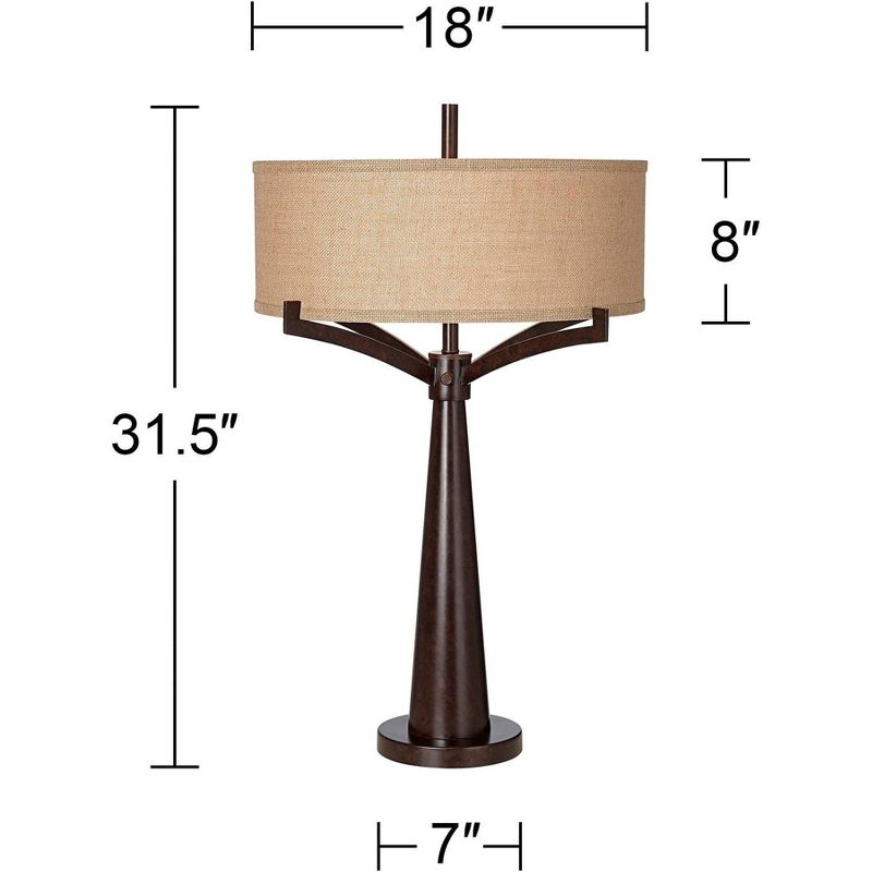 Franklin Iron Works Tremont Modern Mid Century Table Lamps 31 1/2" Tall Set of 2 Rich Bronze Iron Burlap Fabric Drum Shade for Bedroom Living Room, 4 of 10