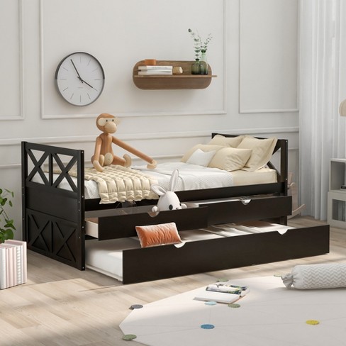 Twin Size Wood Daybed With Drawers And Trundle Bed, Espresso-modernluxe 