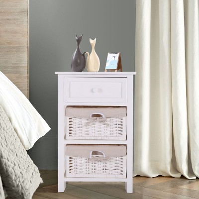 Resenkos One Drawer Nightstand with Two Removable Baskets, Storage Bedside Table, Modern End Table with Tall Legs, Indoors, White, Night Stand