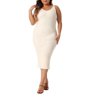 Agnes Orinda Women's Plus Size V Neck Sleeveless Ribbed Knit Back Slit Midi Cami Bodycon Sweater Dresses - 1 of 4
