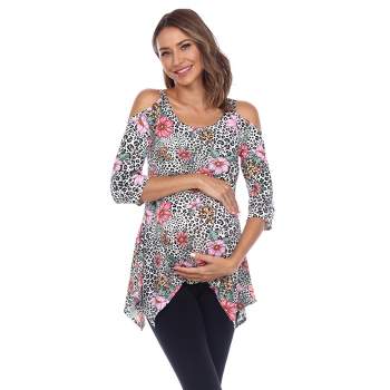 Maternity Plus Size Printed Cold Shoulder Tunic - White Mark