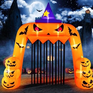 Costway 10.4 x 11.6 ft LED Lighted Halloween Inflatable Pumpkin Archway w/ Curtain Indoor Outdoor Blow up Holiday Decoration w/ Stakes & Water Bags - 1 of 4