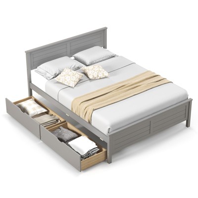 Infans Full Wooden Platform Bed Frame with Two Storage Drawers Slats Support Gray