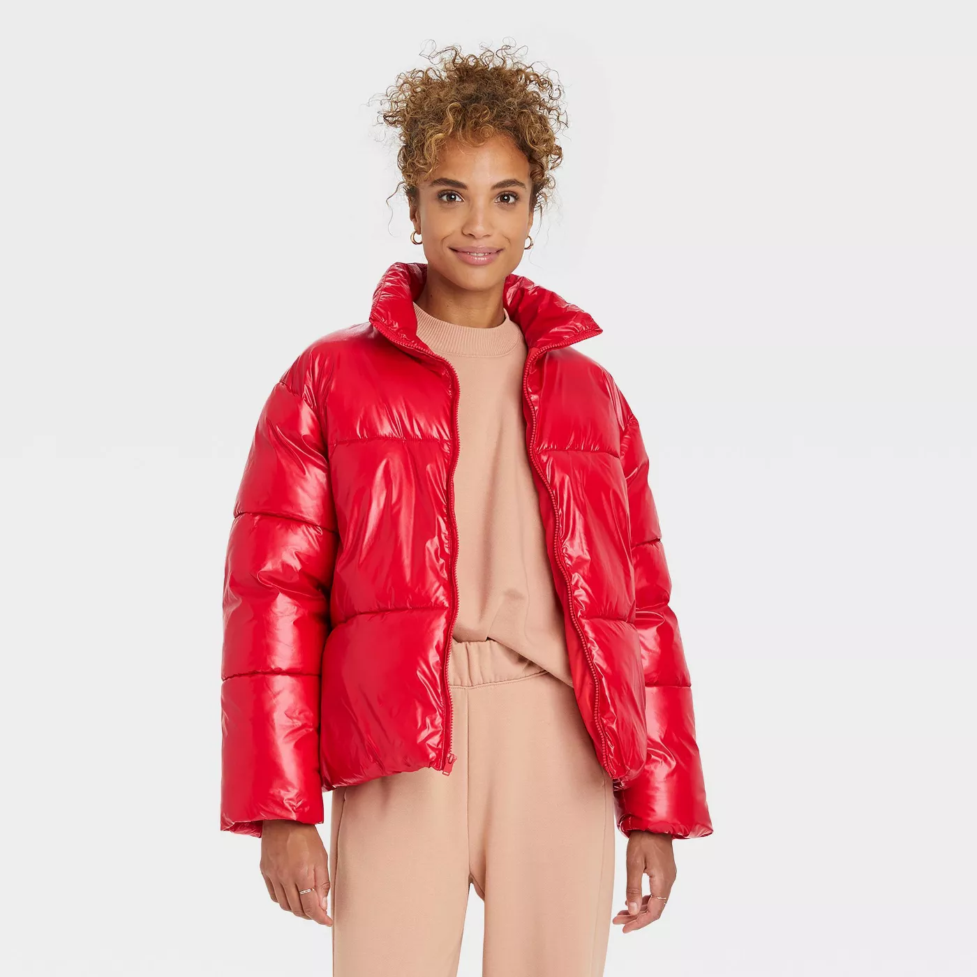 Women's Short Wet Look Puffer Jacket - A New Day