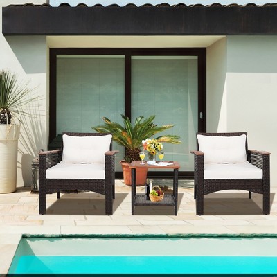 Outdoor 3-Piece Brown Rattan Furniture Set with Acacia Wood Tabletop