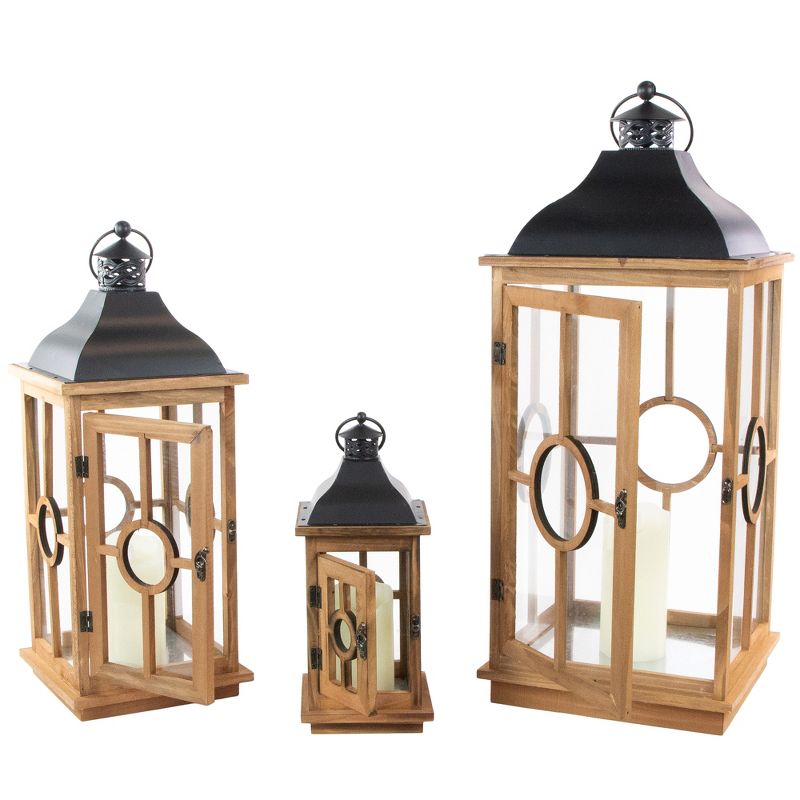 Northlight Set of 3 Natural Wood Candle Lanterns with Black Metal Tops 26.5", 4 of 6