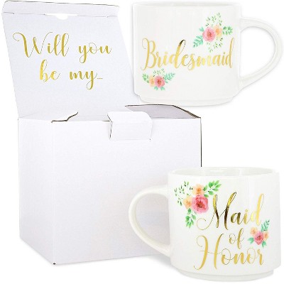 Blue Panda Set of 2 Maid of Honor & Bridesmaid Stackable Bone China Coffee Mug Tea Cup 15oz Wedding Gift