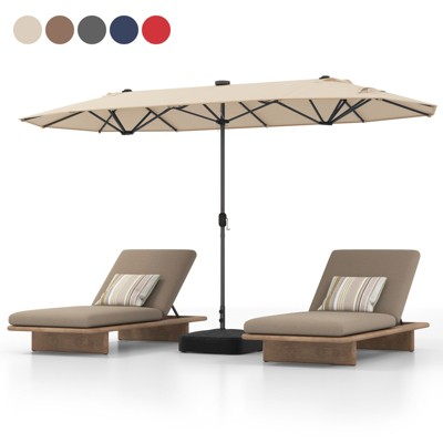 Tangkula 13 FT Patio Umbrella Double-Sided Market Umbrella with 36 Solar-Powered LED Lights Cross Base Included Beige/Grey/Navy/Red/Tan