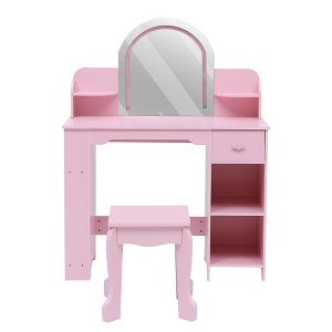 Kids Vanity with Lighted Mirror & Stool, Little Girls Vanity with Adjustable LED Light, Bookshelf, Storage Drawer & Shelves for Girls 3-9 - 1 of 4