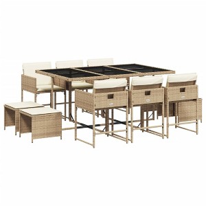vidaXL 11-Piece Patio Dining Set - Beige Poly Rattan with Cushions, Includes Rectangular Glass Table, Chairs and Stools, Outdoor/Garden Furniture - 1 of 4