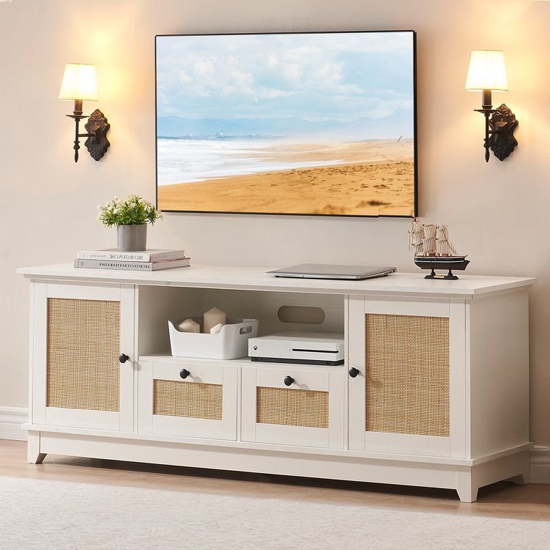 Rattan TV Stand for 70 Inch TV, Modern Entertainment Center, Boho TV Console with 2 Cabinets & Drawer, White TV Stand with Storage, 1 of 2
