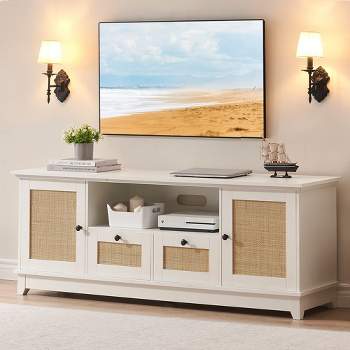 Rattan TV Stand for 70 Inch TV, Modern Entertainment Center, Boho TV Console with 2 Cabinets & Drawer, White TV Stand with Storage