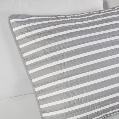 Gray and Blue Striped Reversible Microfiber Quilt Set