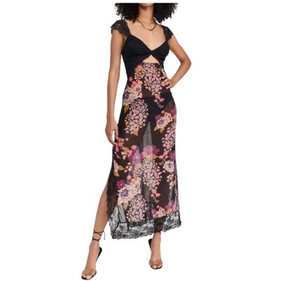 Nmoder  Women Y2K Lace Patchwork Floral Maxi Dress Sexy Cutout V-Neck Bodycon Party Dress