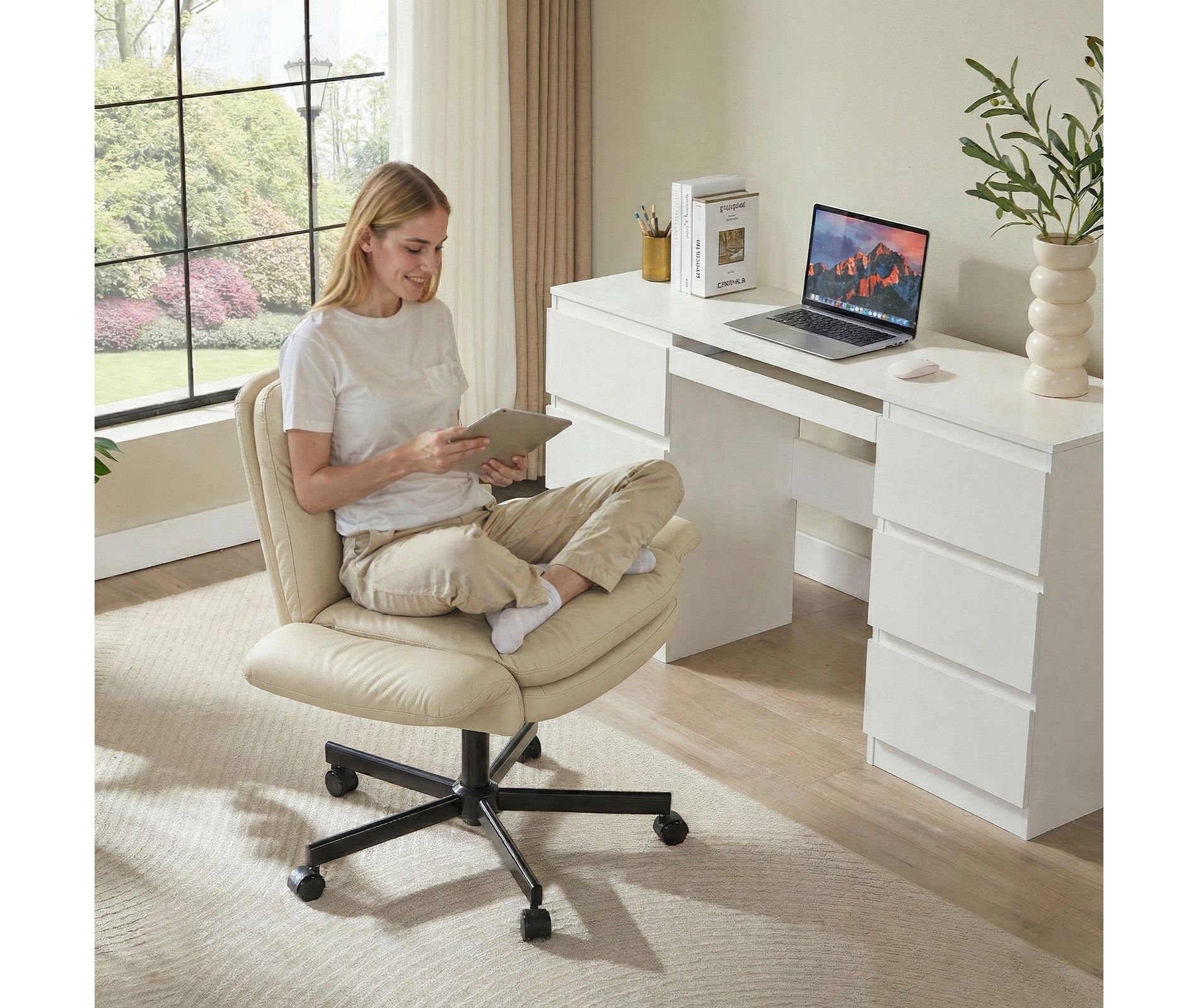 Bestier Ergonomic Office Chair, Criss Cross Chair with Armrests & Wheels, Cross Legged Computer Task Chair, Desk Chair for Home Office, Off White