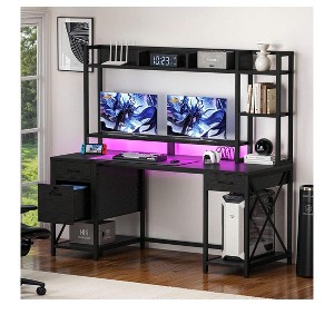 59in Home Office Desk With Storage Shelves & Monitor Stand Gaming Desk With LED Lights & Hutch - 1 of 4