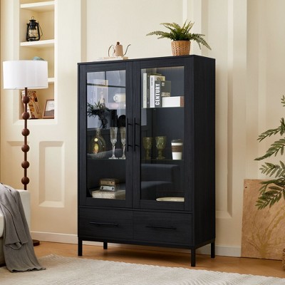 NicBex 60'' Tall Display Cabinet Decorative Storage Cabinet, Sideboard Buffet Cabinet with Storage Glass Door 2 Drawers for Office, Living Room