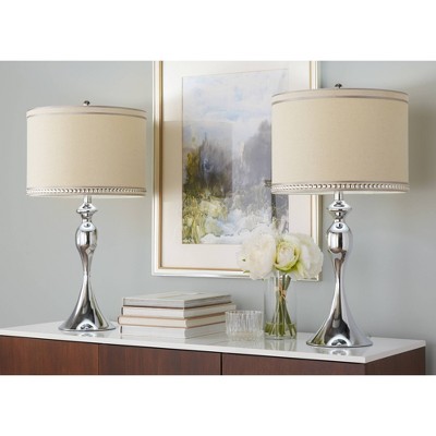 LumiSource (Set of 2) Ashland 27" Contemporary Metal Table Lamps Polished Chrome and Cream Linen Shade with Trim from Grandview Gallery: UL Listed