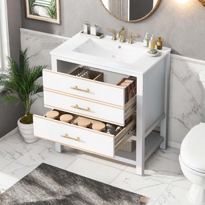 NicBex 29.9" Bathroom Vanity with Sink, Morden Bathroom Cabinet Storage with 2 Spacious Drawers and Open Shelf for Bathroom, White