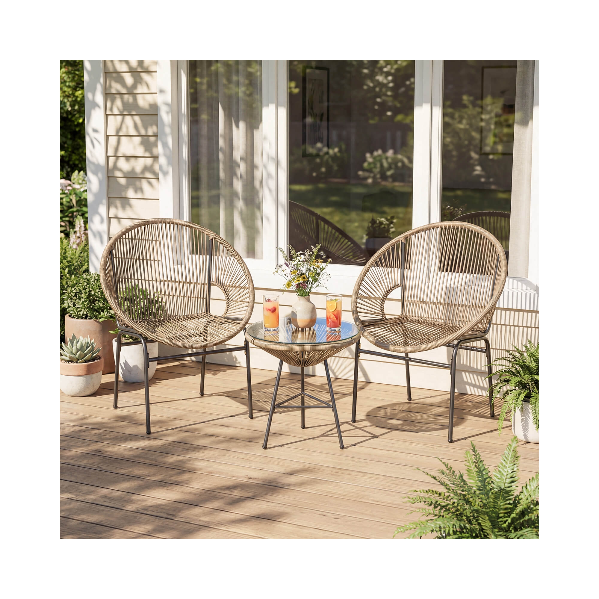 Costway 3-Piece Wicker Patio Bistro Set,Outdoor Acapulco Chairs and Tempered Glass Table Beige + Black